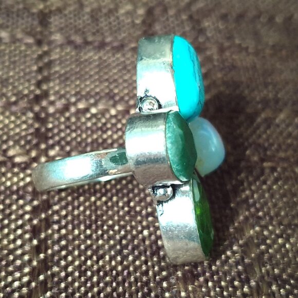 Bold Vintage Sterling Silver Multi-Gemstone Floral Cluster Statement Ring - Picture 8 of 15